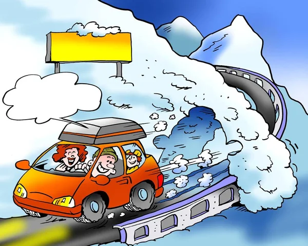 Cartoon illustration of a family on a road ski trip with brand new winter tires fitted — стоковое фото