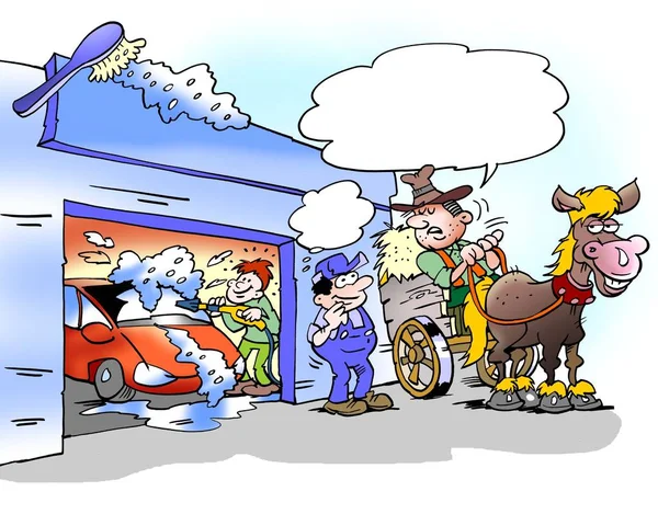 Cartoon-Illustration eines Bauern, der fragt, ob er das Pferd waschen kann — Stockfoto