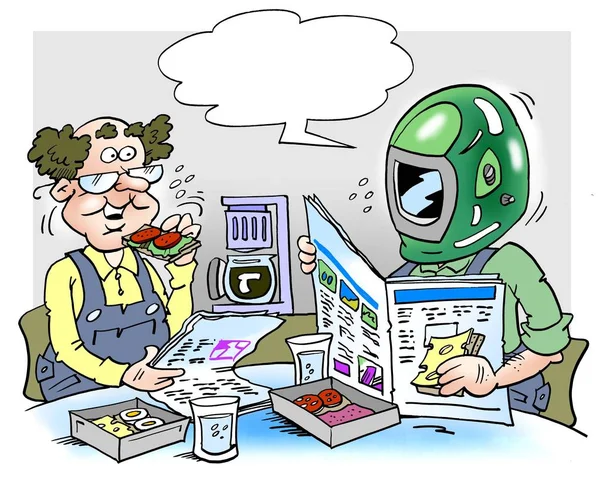 Cartoon-Illustration eines Mechanikers mit Helm und eingebautem Brillenglas — Stockfoto