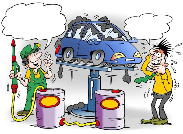 Cartoon illustration of a proud mechanic who has given a new car too much rust protection — Stock Photo, Image