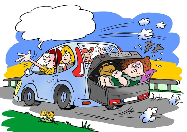 Cartoon illustration of a family on a road trip. Mother in law placed in the luggage roof box suitcase