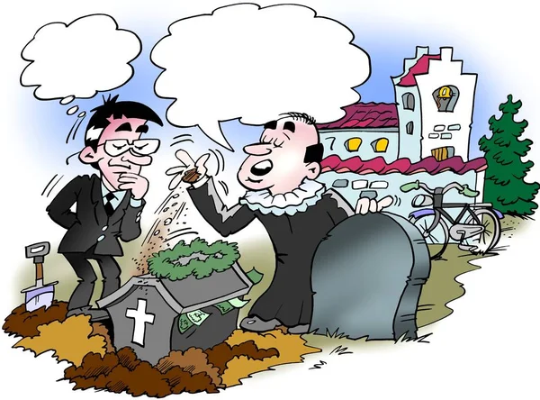 Karikatur eines Priesters, der einen Sarg mit viel Geld bestattete — Stockfoto