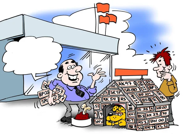 Cartoon-Illustration eines Geschäftsmannes, der sich auf die Wiederverwendung von Kennzeichen spezialisiert hat — Stockfoto