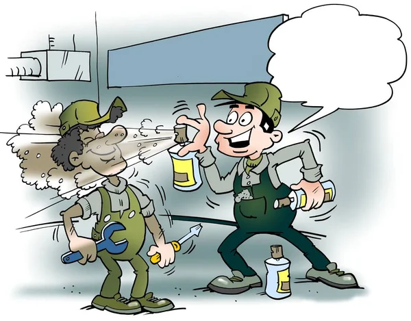 Cartoon-Illustration von zwei Mechanikern, die Farbe oder frische Luft in den Werkstattraum sprühen — Stockfoto