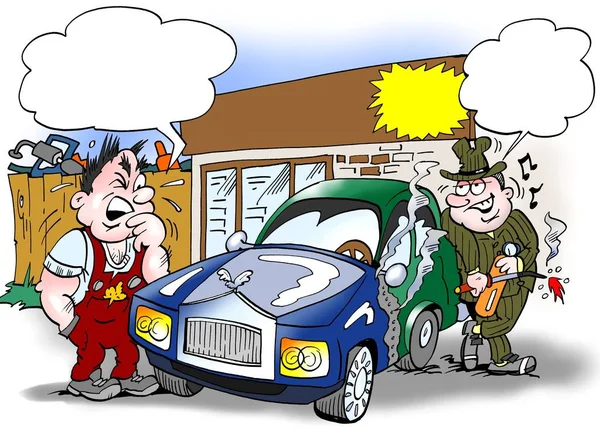 Dibujos animados ilustración de un vendedor y un comprador mirando a un coche más viejo que se compone de un coche nuevo y más viejo —  Fotos de Stock