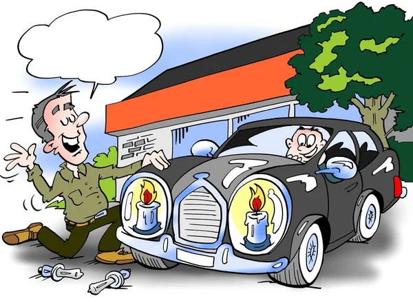 Cartoon-Illustration eines Luxusautos wurde dort mit neuen Sparscheinwerfern ausgestattet — Stockfoto