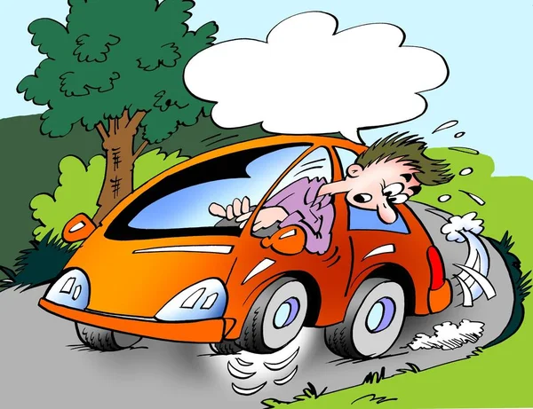 Kreslený obrázek majitel auta jízdy s nesprávné huštění v kliku, tak, že běží na třech kolech — Stock fotografie
