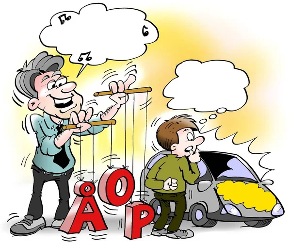 Cartoon afbeelding van een autoverkoper permanent en spelen met cijfers en letters — Stockfoto