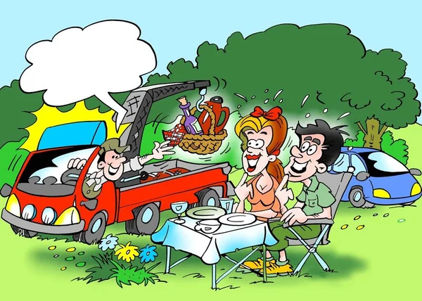 Dibujos animados ilustración de un viaje familiar por el bosque donde el almuerzo es entregado por un automóvil de servicio —  Fotos de Stock