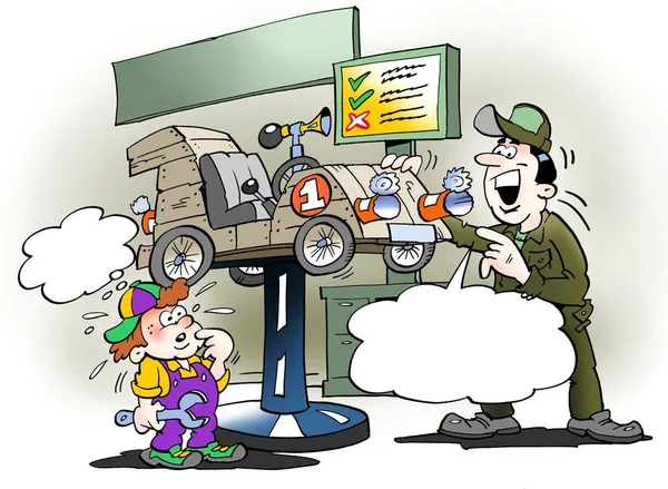 Cartoon illustration of a father gives the son\'s soy truck a service check