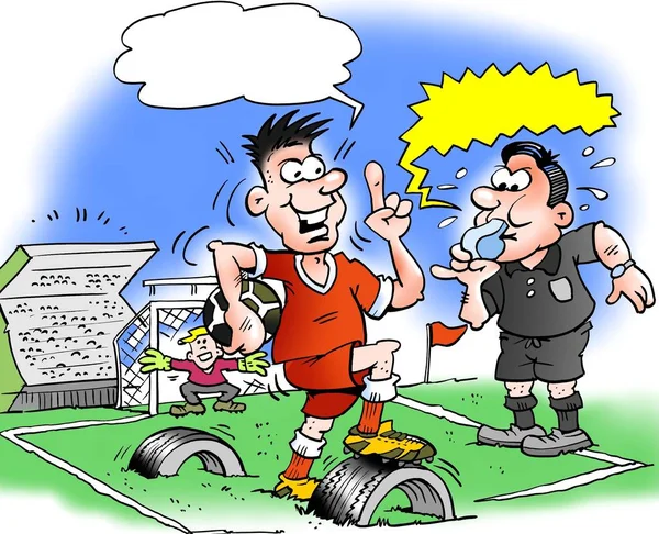 Cartoon-Illustration eines Fußballspielers und eines Fußballfeldes, auf dem der Unterbau aus alten Gummireifenresten besteht — Stockfoto