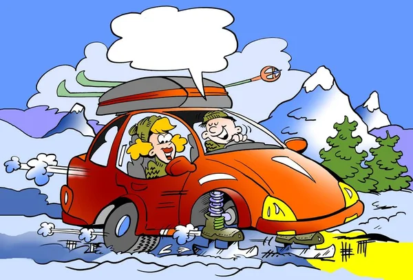 Illustrazione cartone animato di una famiglia in viaggio con gli sci con pattini nuovissimi montati invece di ruote — Foto Stock