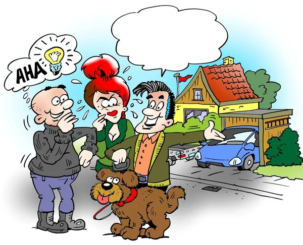 Cartoon illustration of a family who are out and walk the dog, the neighbor will have a good idea — Stock Photo, Image