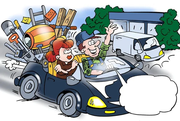 Desenhos animados ilustração de um artesão que vendeu sua van, sua esposa irrita — Fotografia de Stock