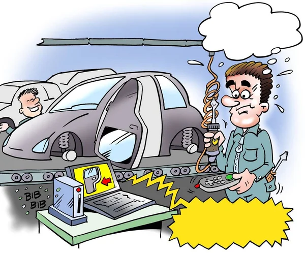 Cartoon illustration of a car installer who has mounted the car door in anticipation — Stock Photo, Image