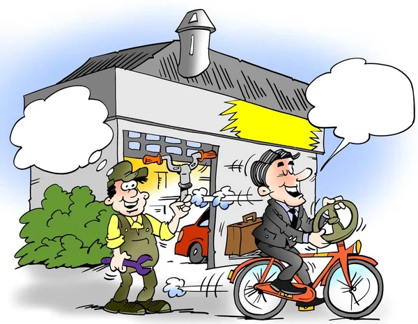 Cartoon illustration of a a businessman who has mounted a steering wheel on his bike — Stock Photo, Image