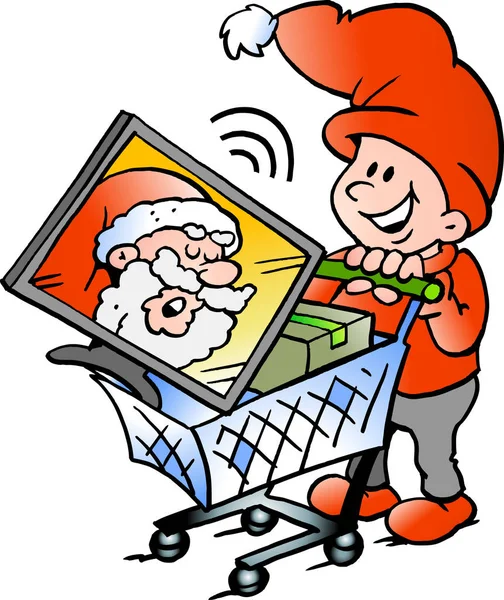 Vector Cartoon illustration of an happy Elf shopping — Stock Vector