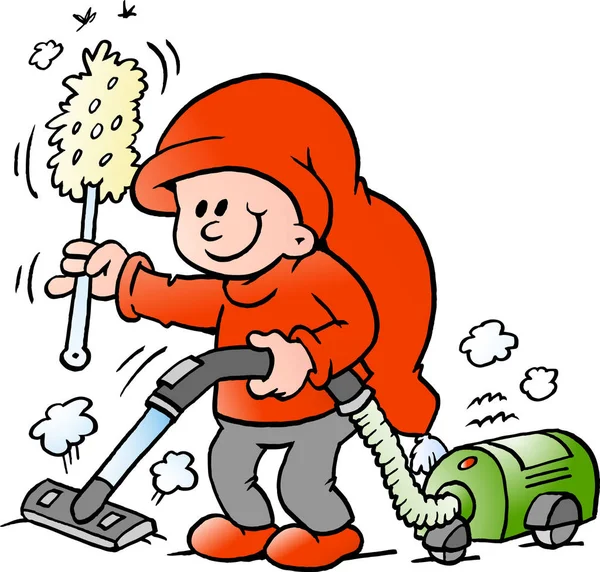 Vector Cartoon ilustração de um Elfo feliz com um aspirador de pó — Vetor de Stock