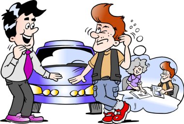 Genç bir adam karikatür vektör çizim düşünüyorum spor araba finanse etmek nasıl