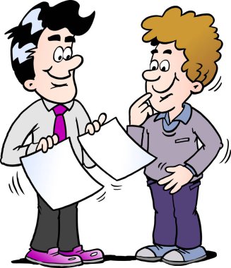 Ayakta ve iki kağıtları arıyorsunuz bir mutlu iş adamı karikatür çizimi
