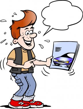 Yeni bir spor araba broşür klasör arıyor orada genç bir adam vektör çizim karikatür