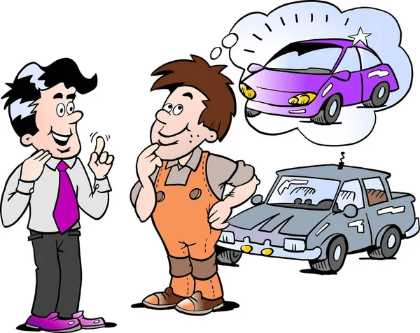 Kreslené vektorové ilustrace mladého muže tam přemýšlíte o koupi nového auta auto — Stockový vektor
