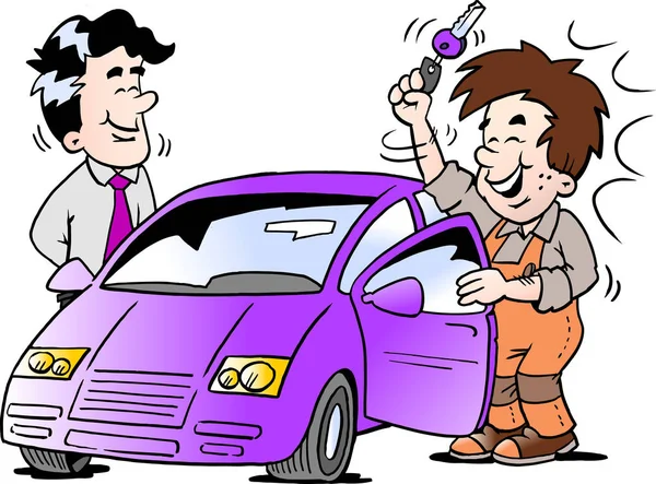 Cartoon vectorillustratie van een jonge man die de sleutel tot zijn nieuwe auto ontvangt — Stockvector