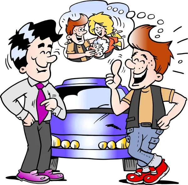 Cartoon vectorillustratie van een jonge man er is zo gelukkig voor zijn nieuwe auto auto — Stockvector