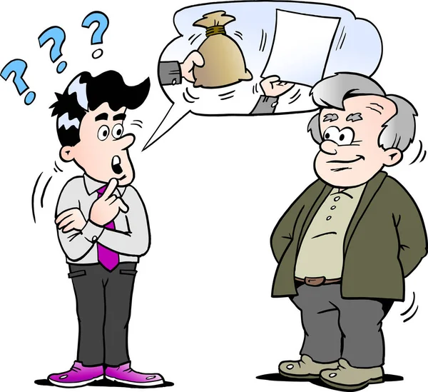 Desenhos animados Vector ilustração de um vendedor dando mais velho homem investimento aconselhar — Vetor de Stock