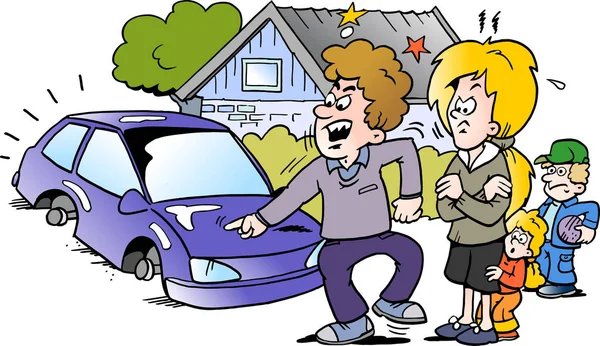 Cartoon-Vektor-Illustration eines wütenden Familienvaters, der auf sein neues Auto zeigt — Stockvektor