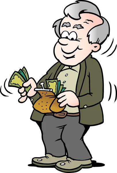 Dibujos animados Vector ilustración de un viejo feliz sacando dinero de su cartera — Vector de stock