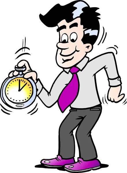 Cartoon illustration of a happy business man looking at a stopwatch — Stock Vector