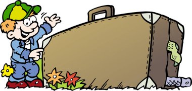 Bavulunu seyahat bir çocukla vektör çizim karikatür