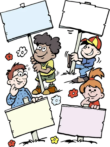 Dibujos animados Vector ilustración de algunos niños felices sosteniendo carteles — Vector de stock