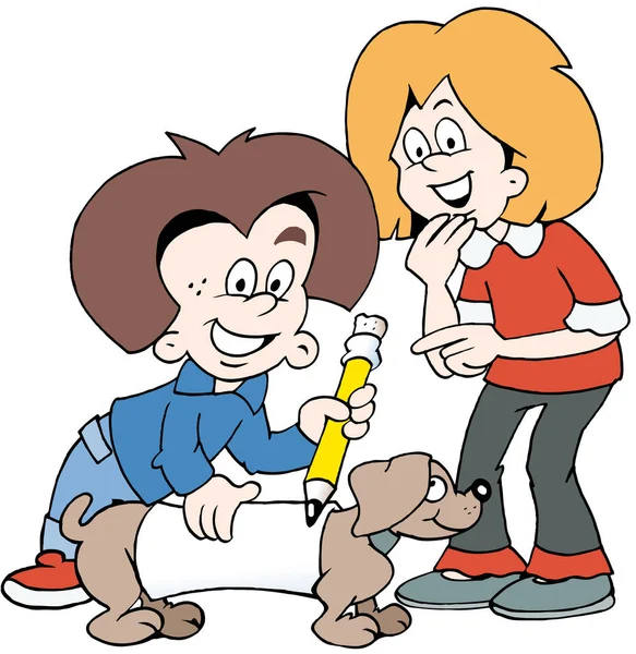 Kreslené vektorové ilustrace ze dvou šťastných dětí s rodinný pes — Stockový vektor