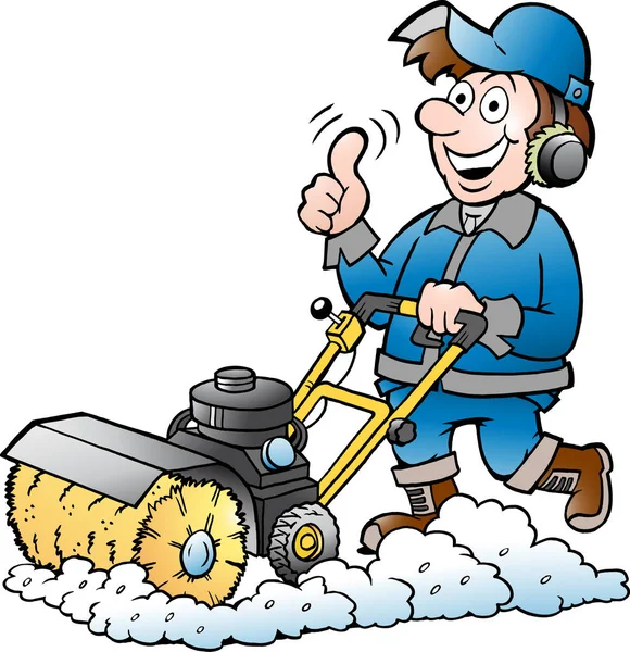 Desenhos animados Vector ilustração de um trabalhador feliz Handyman com sua máquina de varredura —  Vetores de Stock