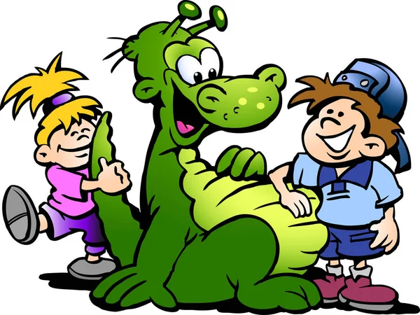 Dibujos animados Vector ilustración de un dinosaurio divirtiéndose con los niños — Vector de stock