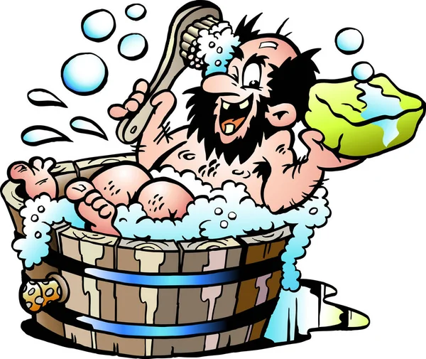 漫画の彼の木製のバスタブで selv を洗う人汚れた老人のベクトル イラスト — ストックベクタ