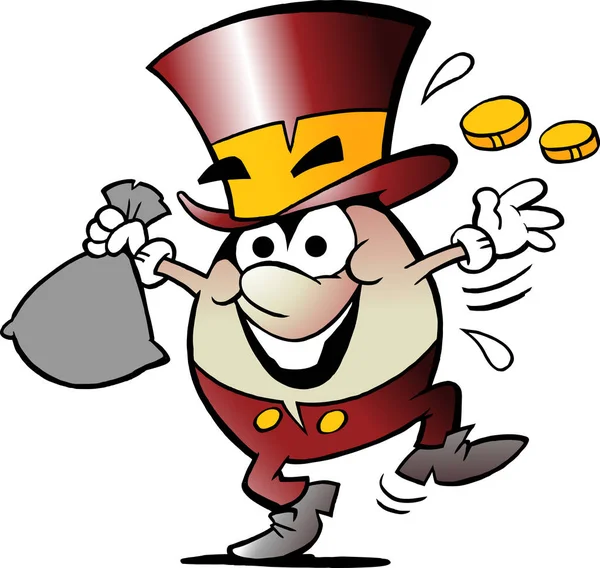 Dibujos animados Vector ilustración de una feliz mascota de huevo de oro con un montón de dinero — Vector de stock