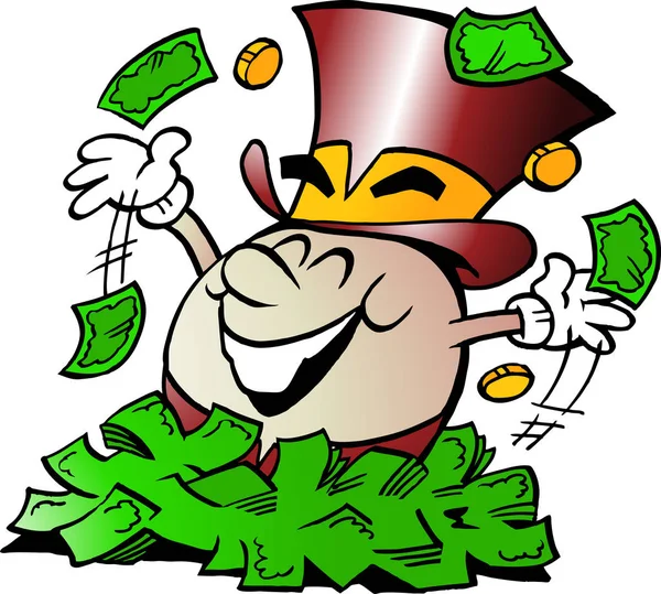 Cartoon Vector ilustração de uma mascote de ovo de ouro feliz sentado em uma grande pilha de dinheiro —  Vetores de Stock
