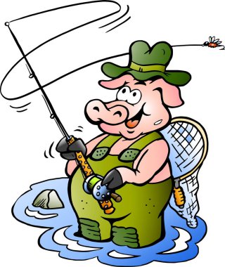 Mutlu bir Fly Rod Domuz Balıkçısının Vektör Çizgi Filmi