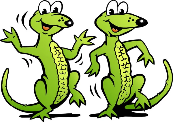 Vector Cartoon Illustration Two Happy Dancing Lizard — Stock Vector