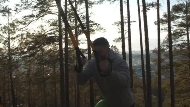 Handsome Bearded Guy Working Out Pine Forest — Stock Video