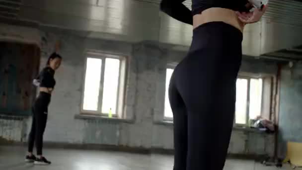 Girl Exercising Room Natural Light — Stock Video