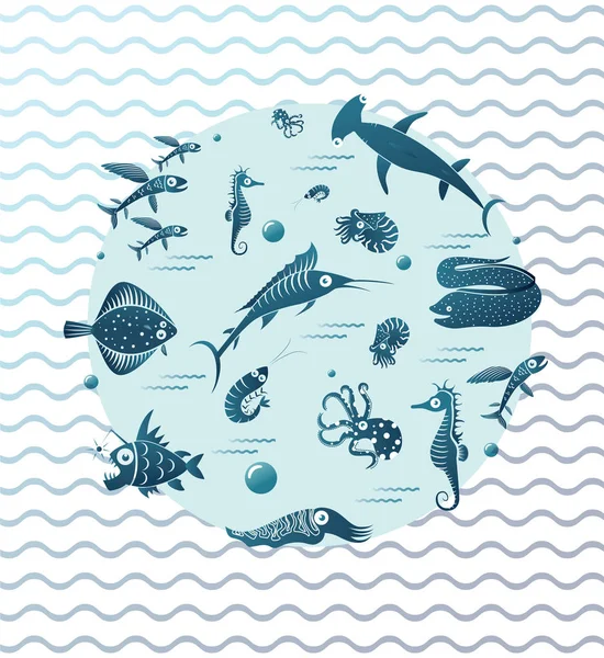 Illustration of different fishes in circle on wavy background. — Stock Illustration Illustration of different fishes in circle on wavy background. Vector Graphics