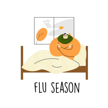 Adam titreyerek yatakta yatıyor. Vektör çizgi film illüstrasyonu.