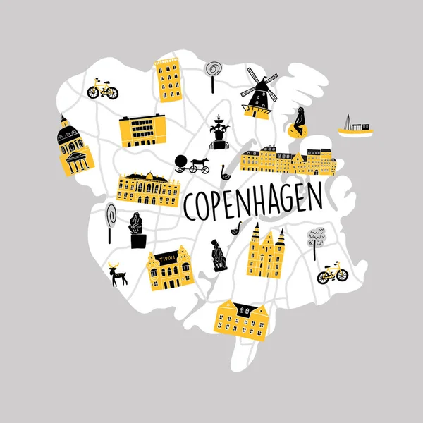 Kopenhag 'ın değişik çekim alanları ve işaretleriyle çizilmiş komik vektör haritası. — Stok Vektör
