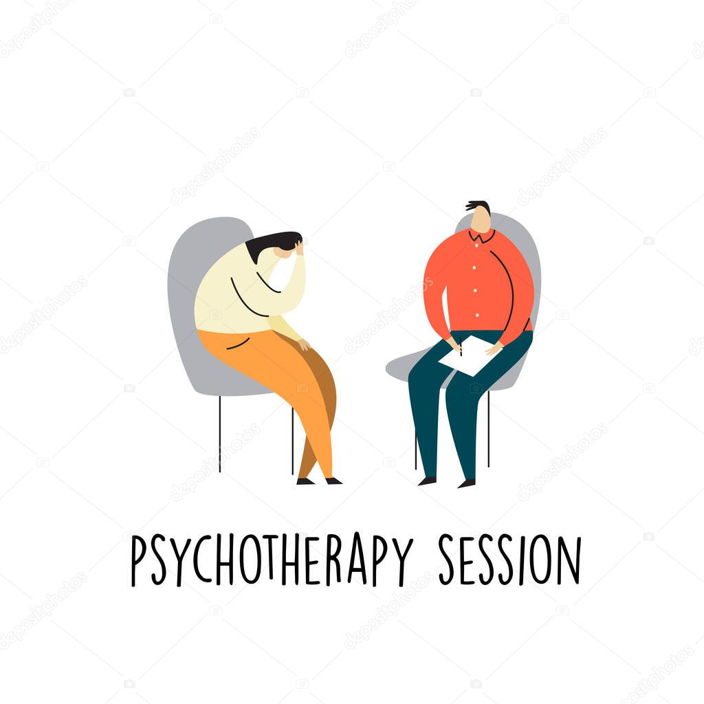 Vector cartoon illustration of depressive woman talking with psychotherapist. Psychotherapy session.