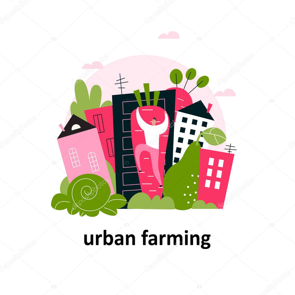 City landscape with big fruits and vegetables and man climbing on a carrot. Urban farming concept. Vector cartoon illustration.
