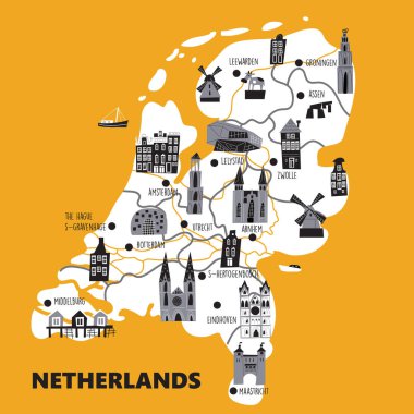 Hollanda 'nın ana cazibe ve simgeleriyle vektör çizgi haritası.